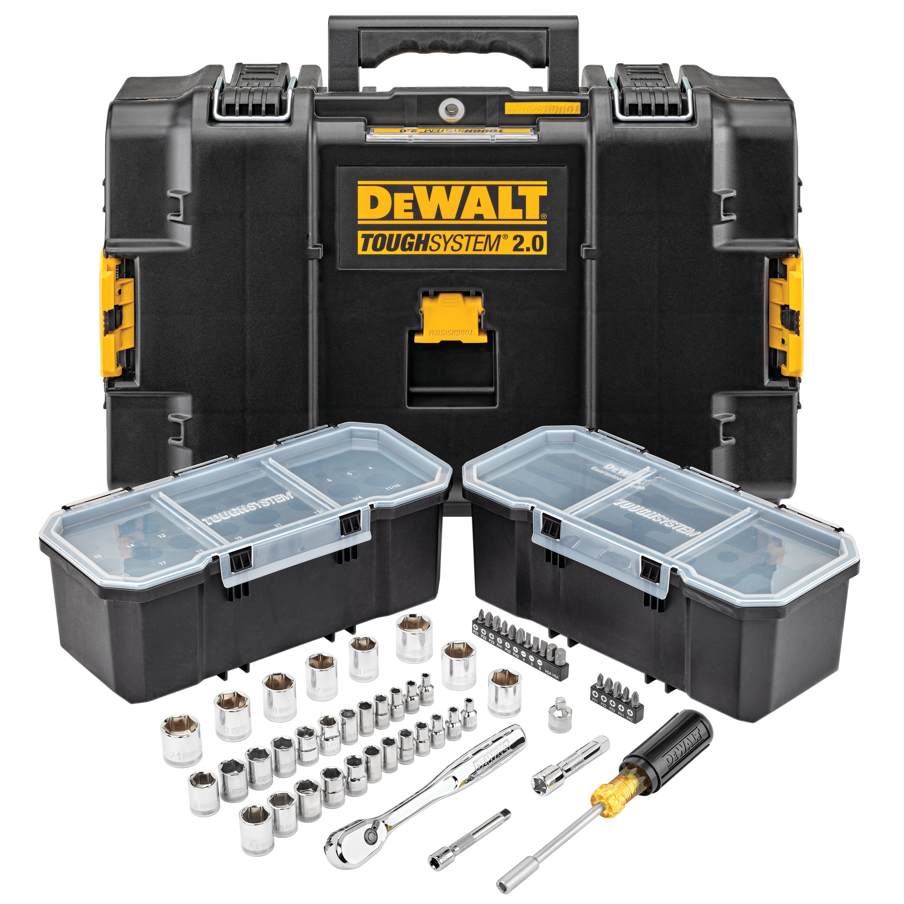 Profile of DEWALT 53 piece mechanics tool set with tough system 2.0 toolbox.
