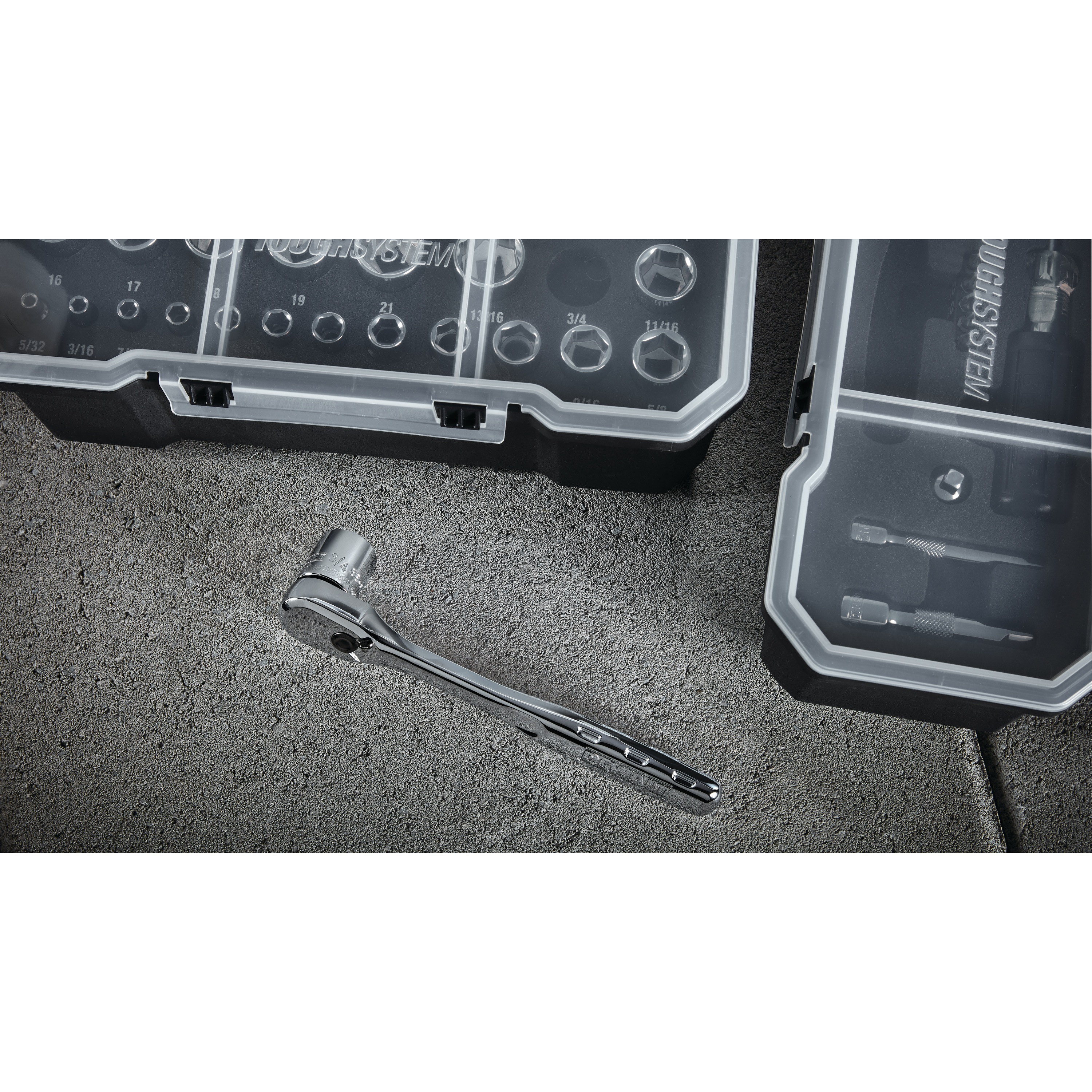 Close up of DEWALT 53 piece mechanics tool set with tough system 2.0 toolbox.