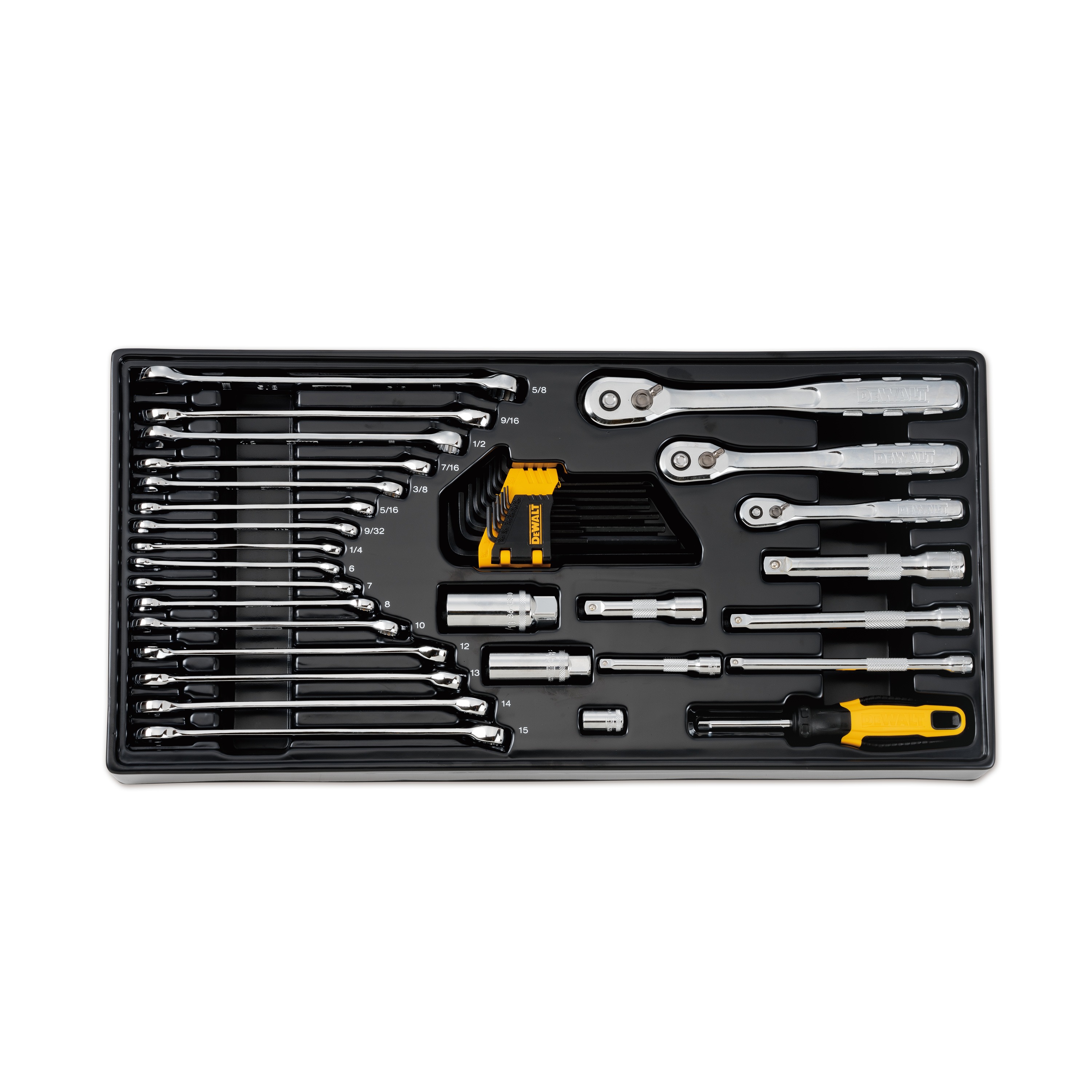 Profile of 341 piece DEWALT mechanics tools set in a removable tray.