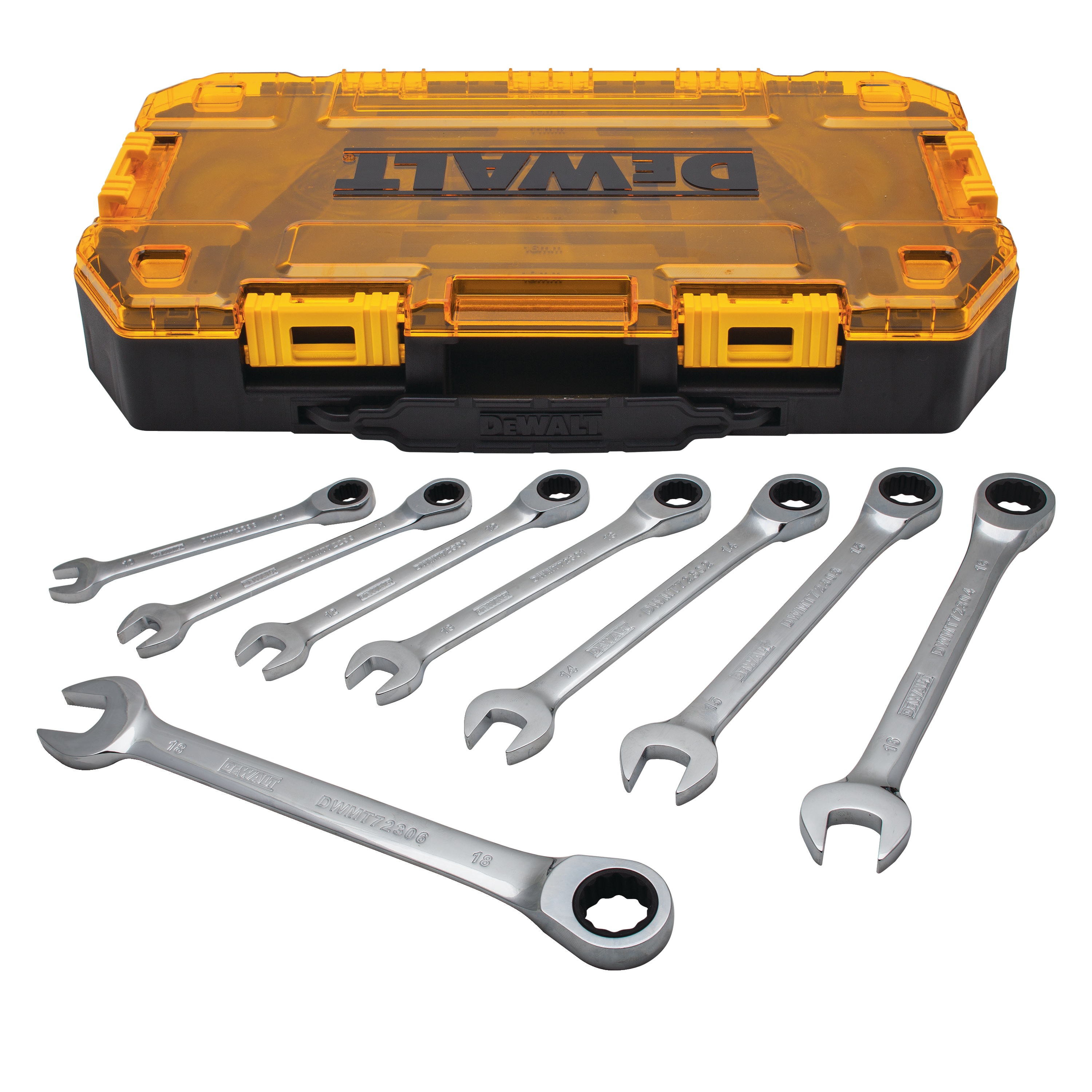 Profile of DEWALT 8 piece full polish ratcheting combination metric wrench set with its case.