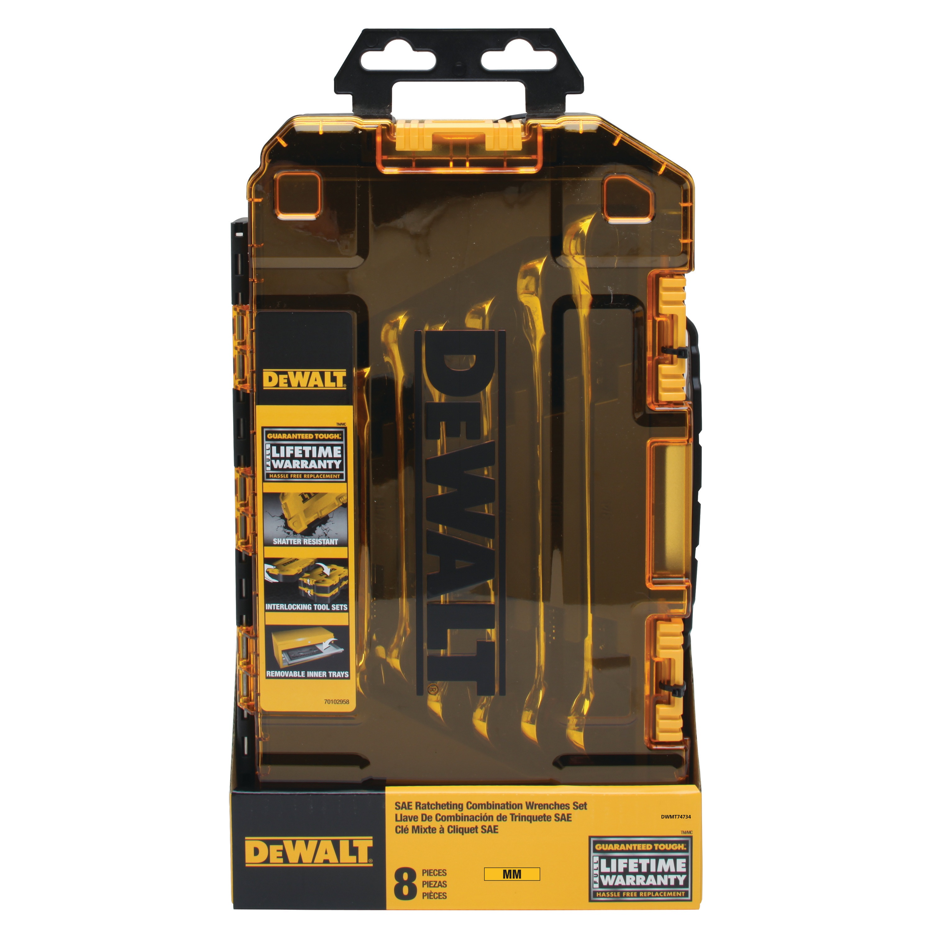 DEWALT 8 piece full polish ratcheting combination metric wrench set packed in its case.