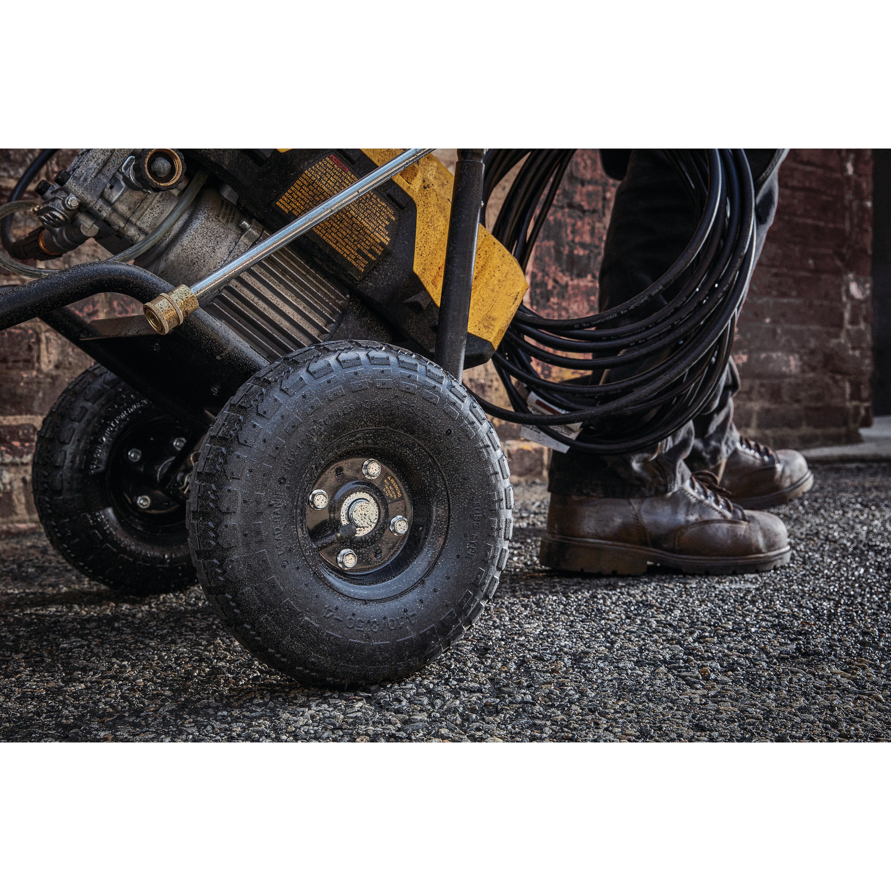 Premium pneumatic wheels feature of electric cold water pressure washer.