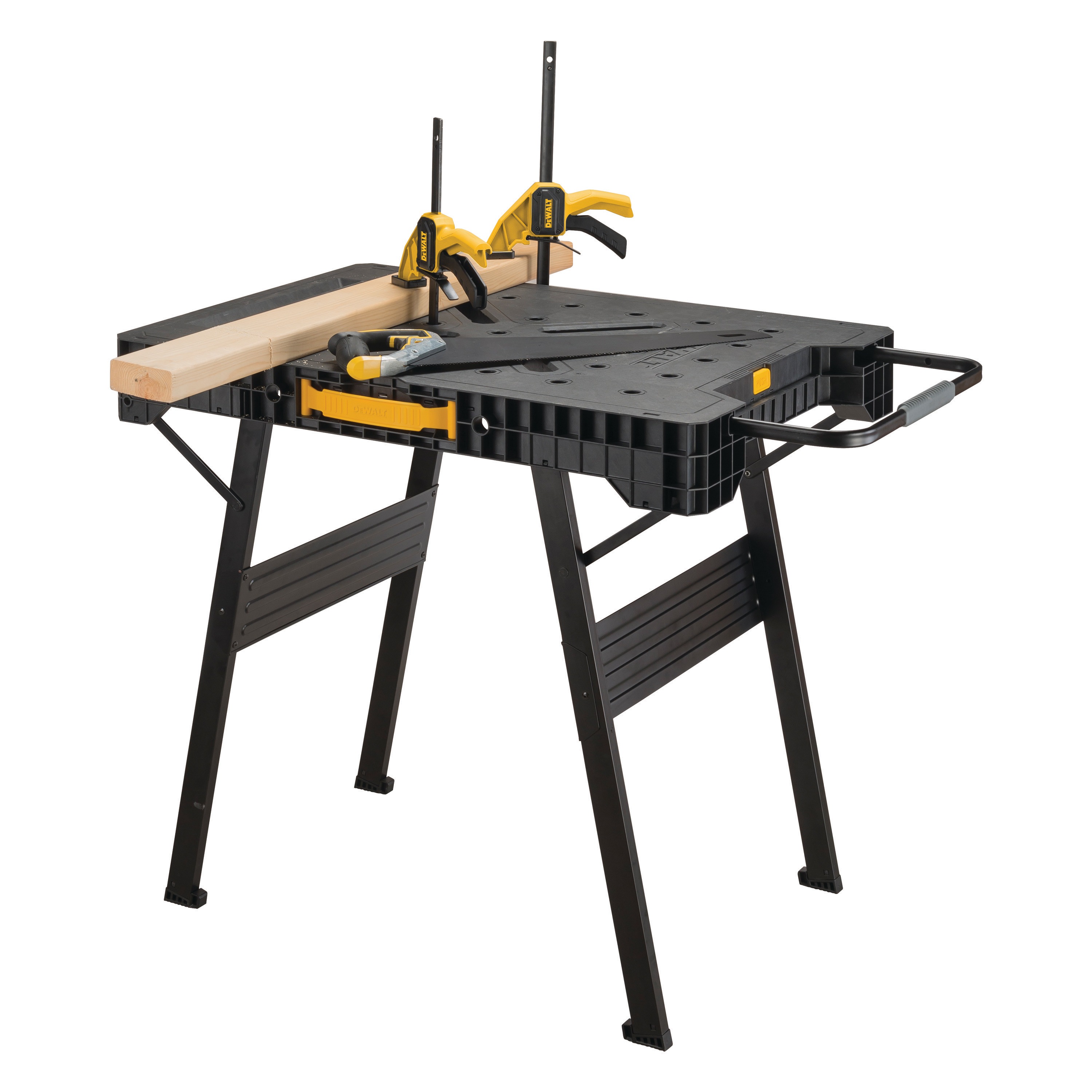 Profile of an express folding workbench with tools placed on it.