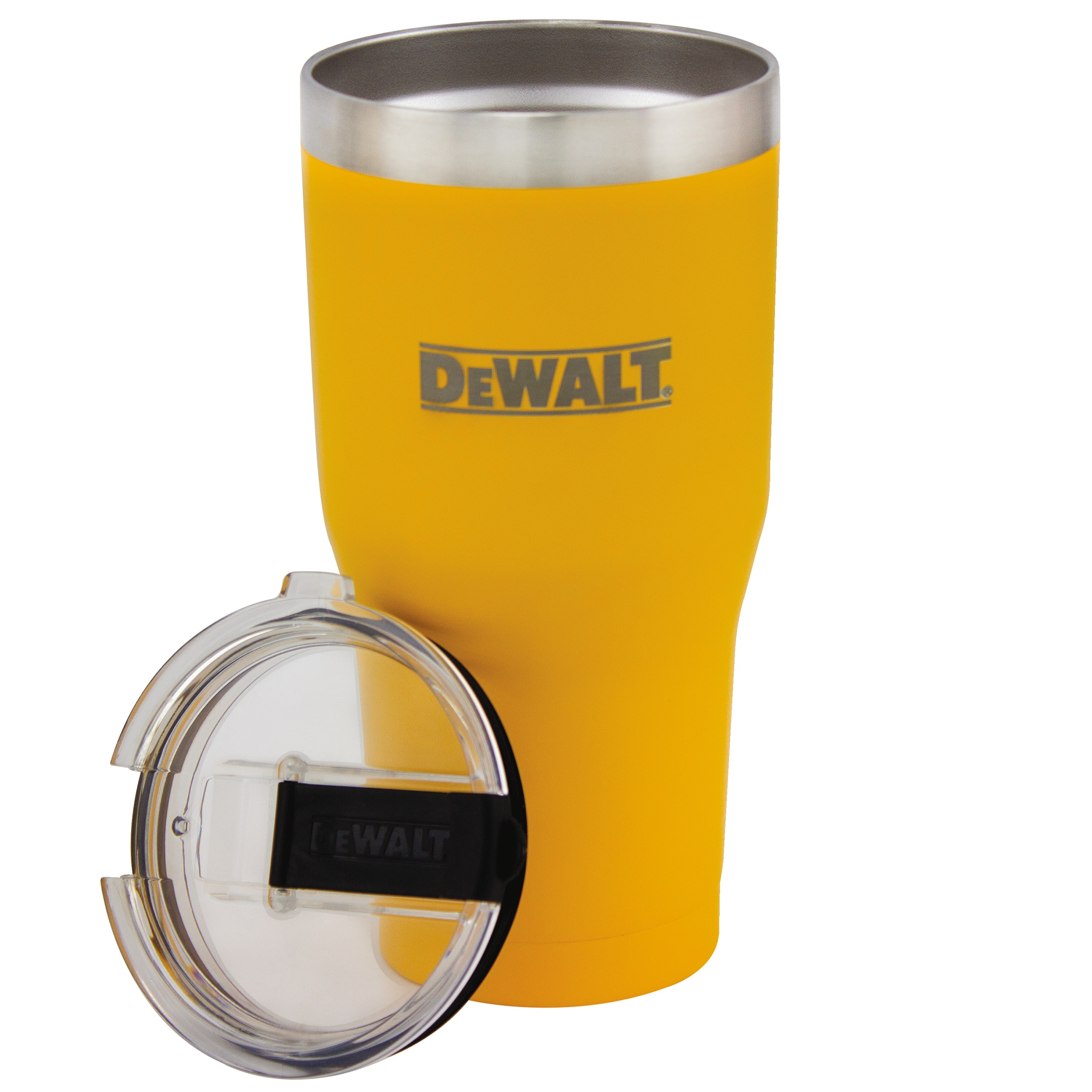 B P A free lid of 30 Ounce Yellow powder coated tumbler.