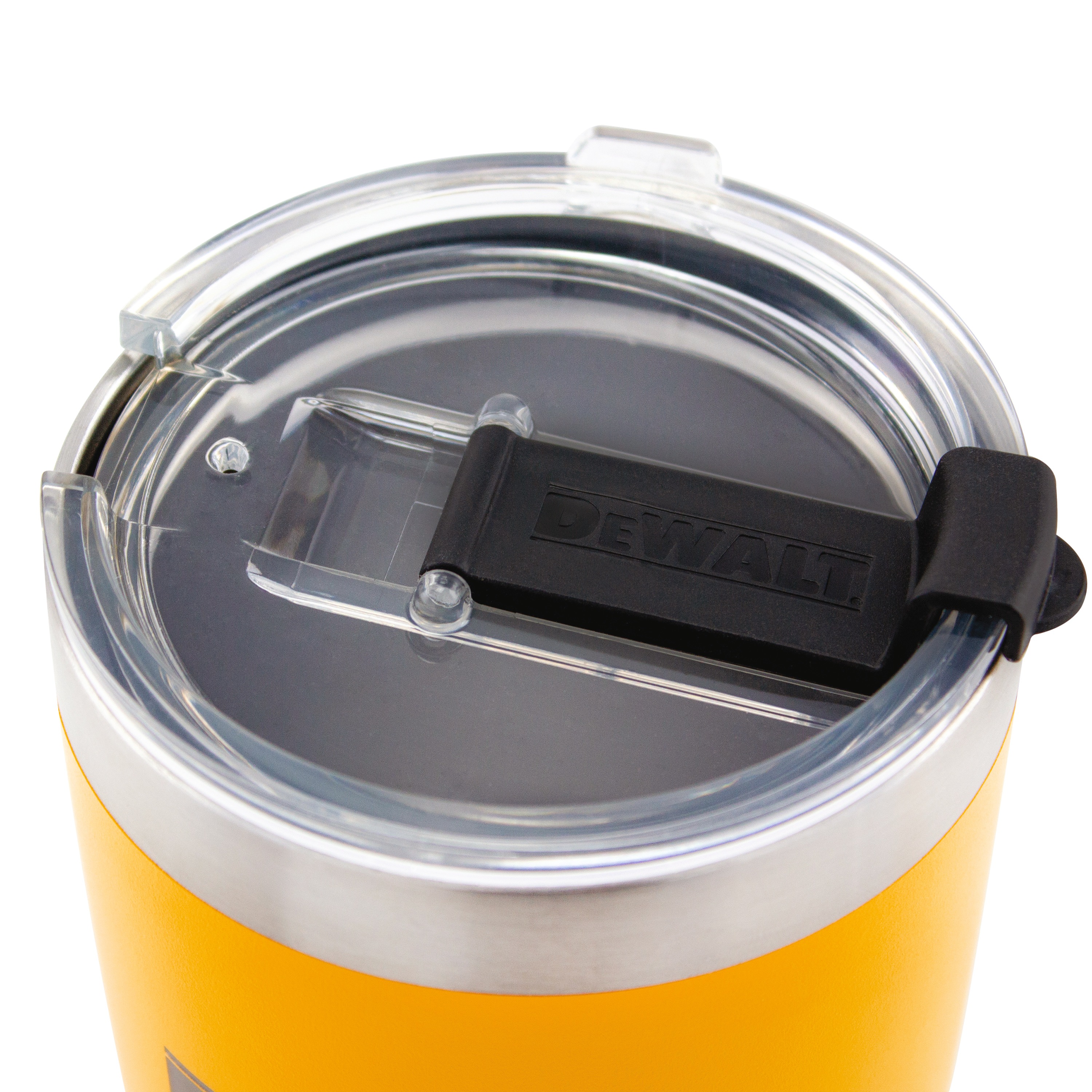 Flip top closure feature of 30 Ounce Yellow powder coated tumbler.