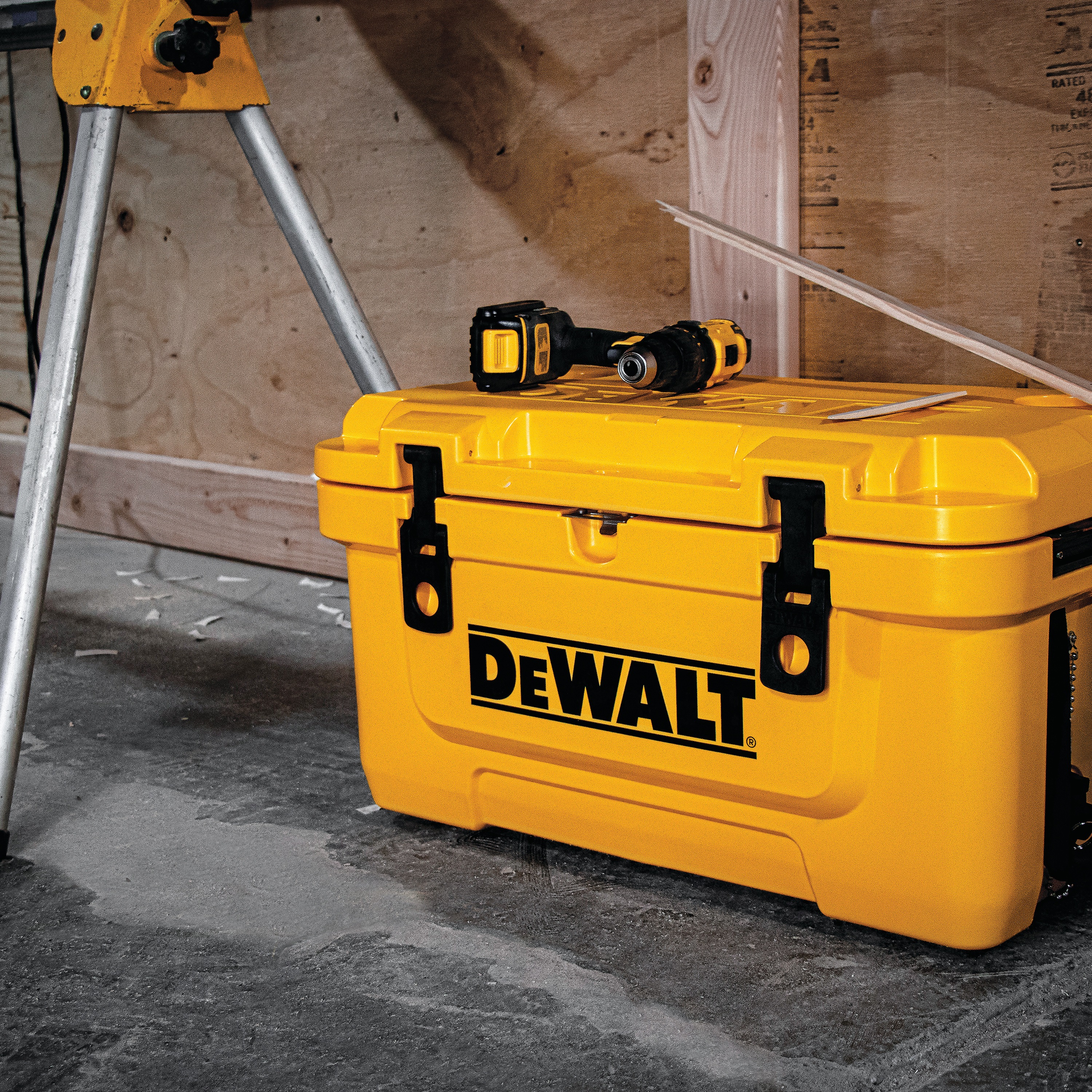45 Quart Insulated lunch box cooler on worksite.