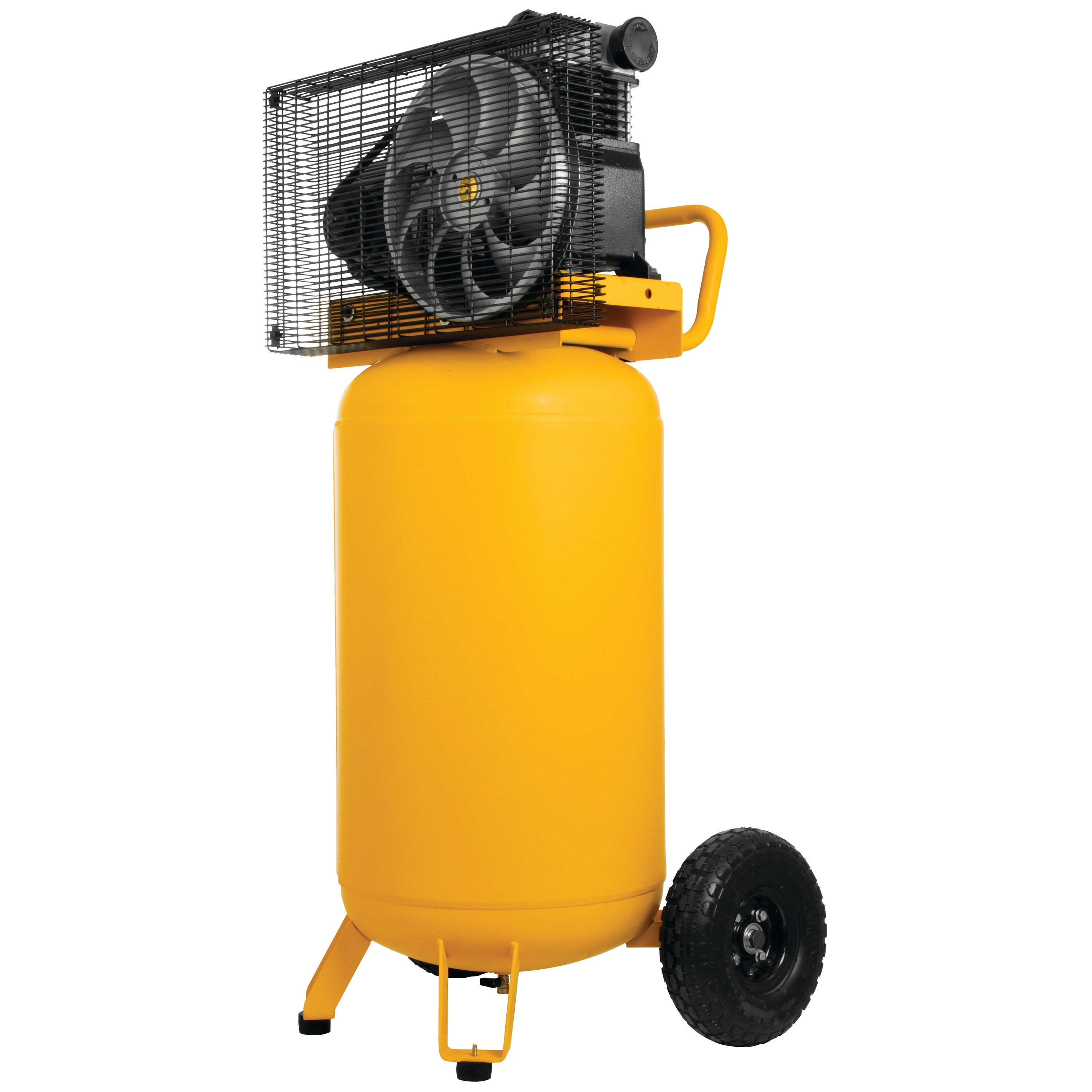 Backside of 25 gallon 200 P S I Oil lubed belt drive portable vertical electric air compressor.
