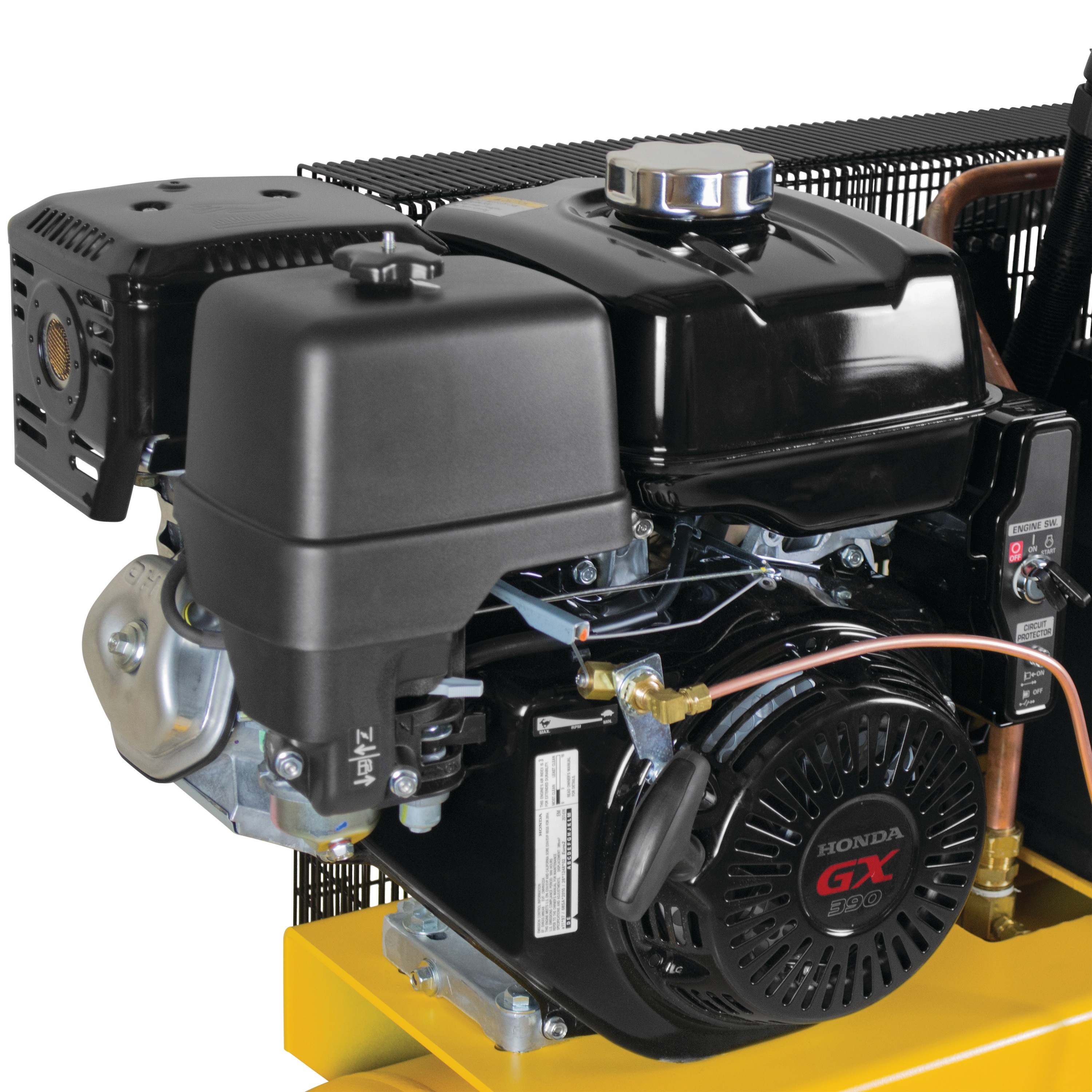 Petrol Engine feature of 30 Gallon 2 stage portable gas powered truck mount air compressor.
