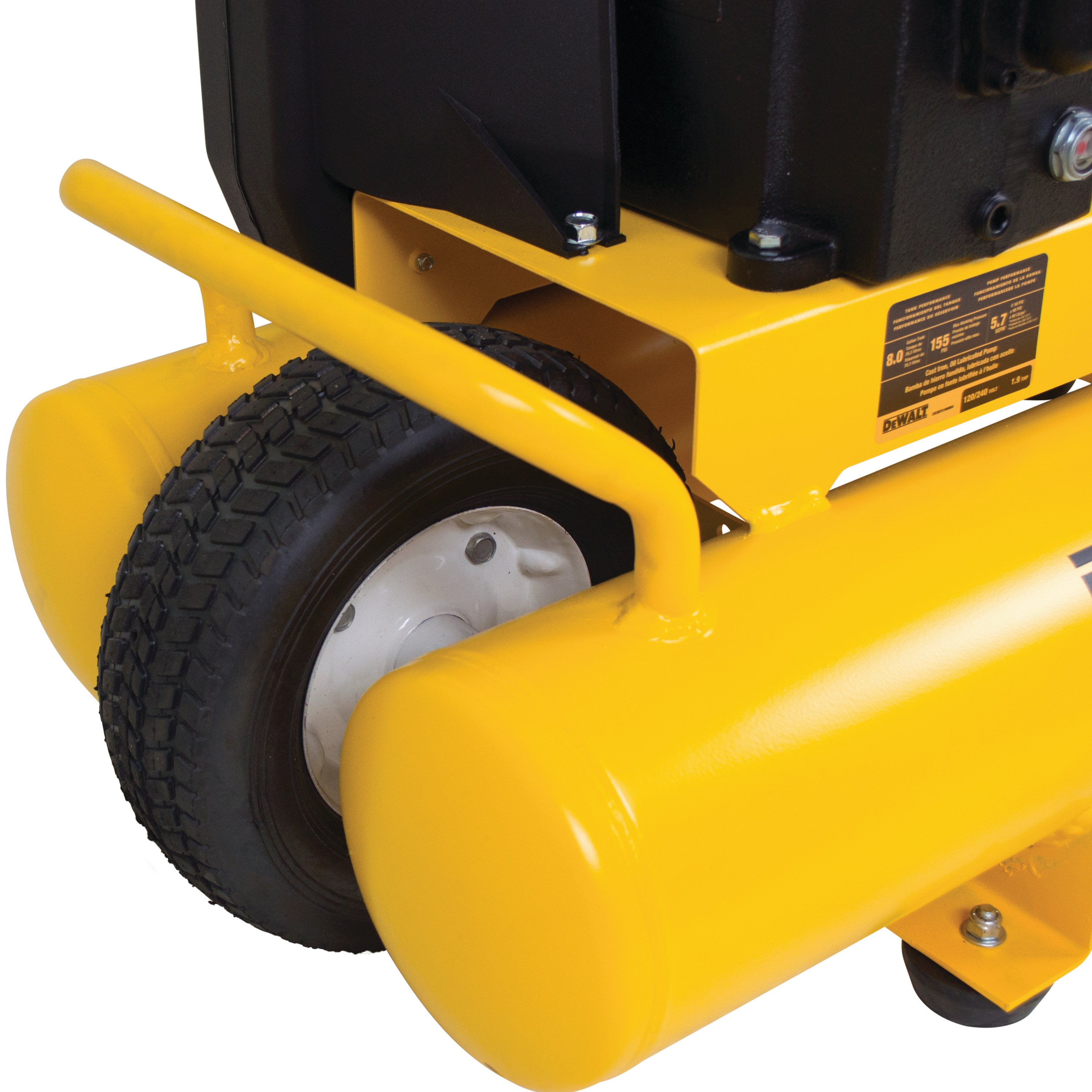 Pneumatic tire feature of 8 gallons Electric Dual Voltage Wheelbarrow Air Compressor.