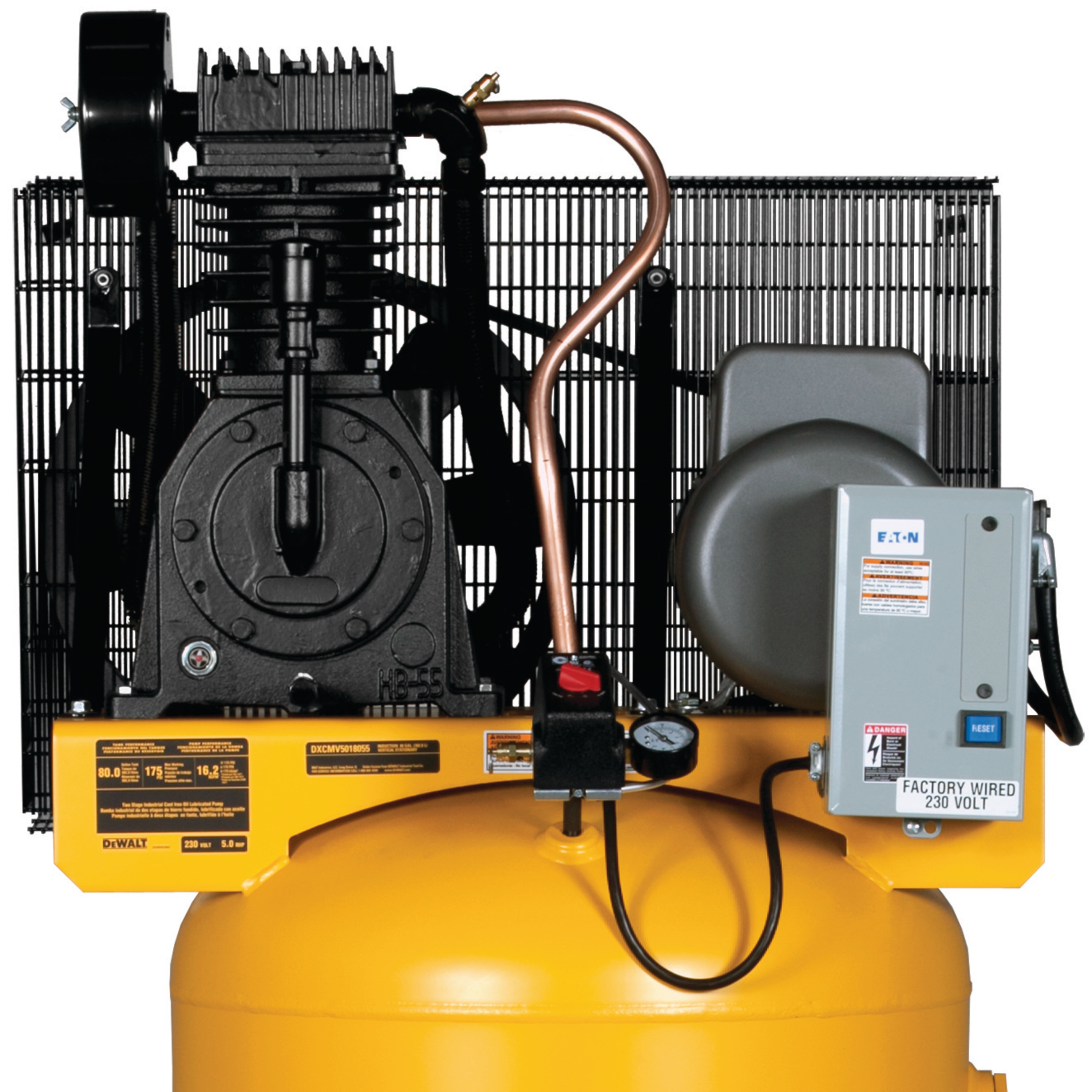 Cast iron construction for durability dependability and smooth operation feature of 80 gallons 2 Stage Stationary Electric Air Compressor.