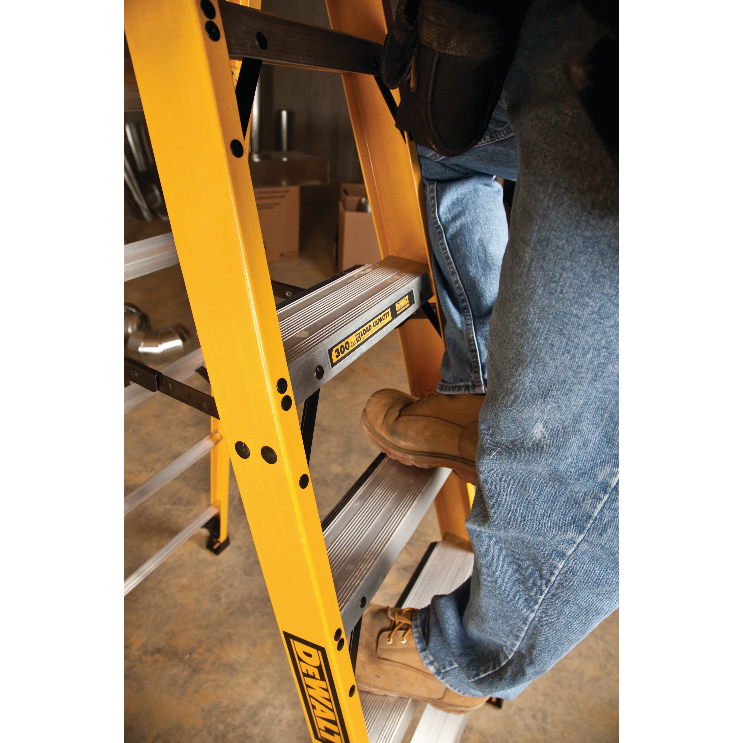 Greater step surface feature of 10 foot Fiberglass Step Ladder 300 pound Load Capacity.