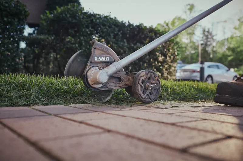 A close-up view of a DEWALT lawn edger in use, trimming the grass alongside a paved pathway, with a hedge and parked car visible in the background.