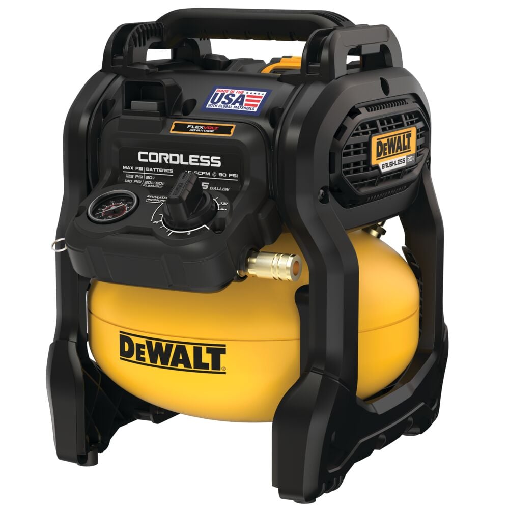 A yellow and black DEWALT cordless air compressor with a 5-gallon tank. The device features a pressure gauge, control dial, and a label indicating it is made in the USA with global materials.