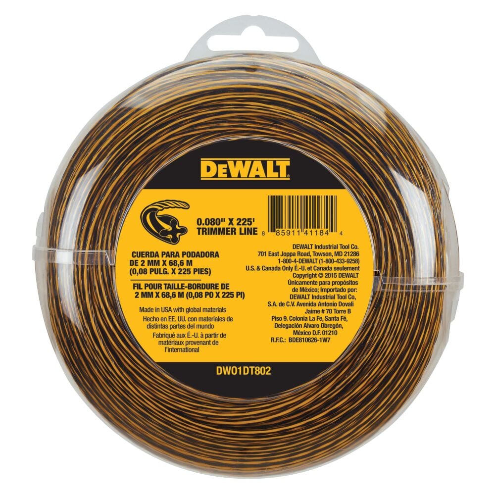 A spool of DEWALT trimmer line, 0.080 inch by 225 feet, packaged in a clear round plastic case with a yellow label displaying product information, barcode, and instructions in English, Spanish, and French.