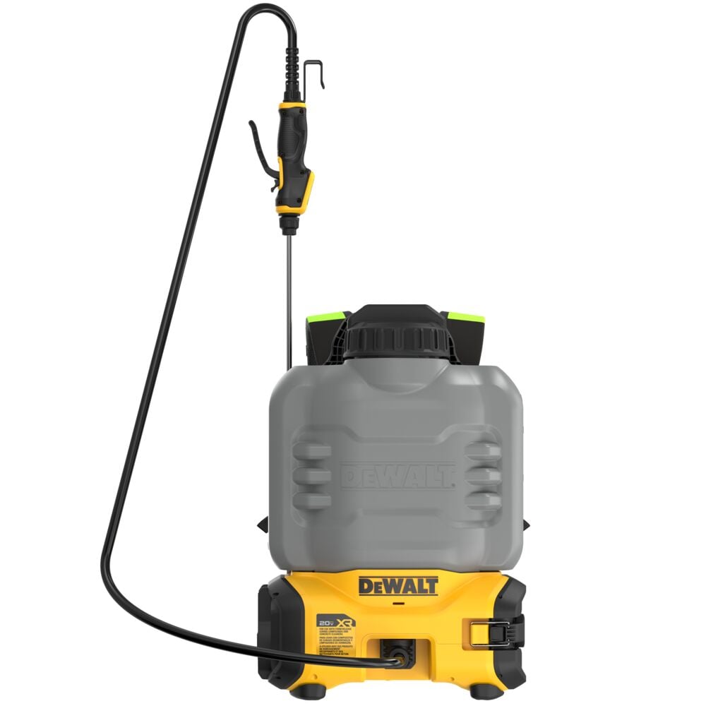 DEWALT cordless battery-powered backpack sprayer with a grey tank, bright yellow base, and a long black hose with a spray handle.