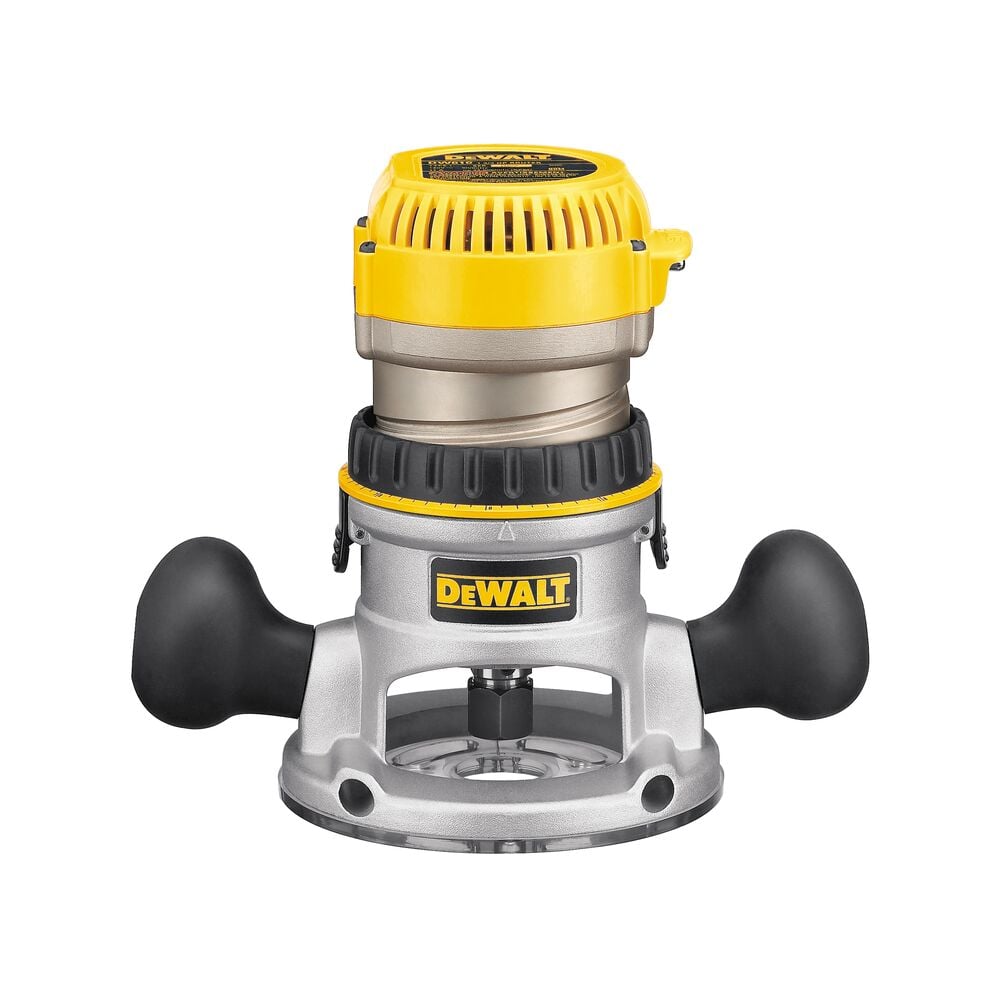 A DEWALT DW616K wood router with two black handles, a silver base, and a yellow motor housing, shown against a white background.