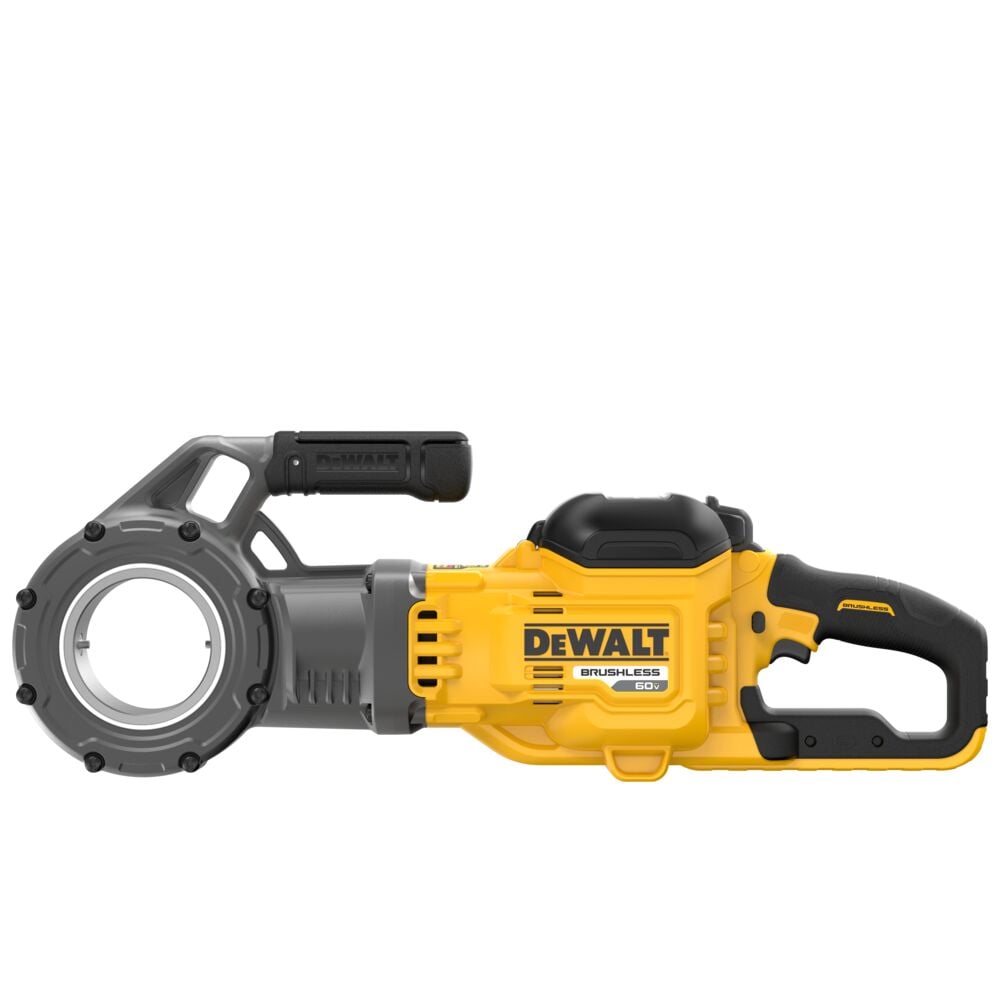 A yellow and black DEWALT cordless brushless pipe threader, model DCE700X2, designed for threading pipes. The tool features a handle, trigger, and a circular threading head.