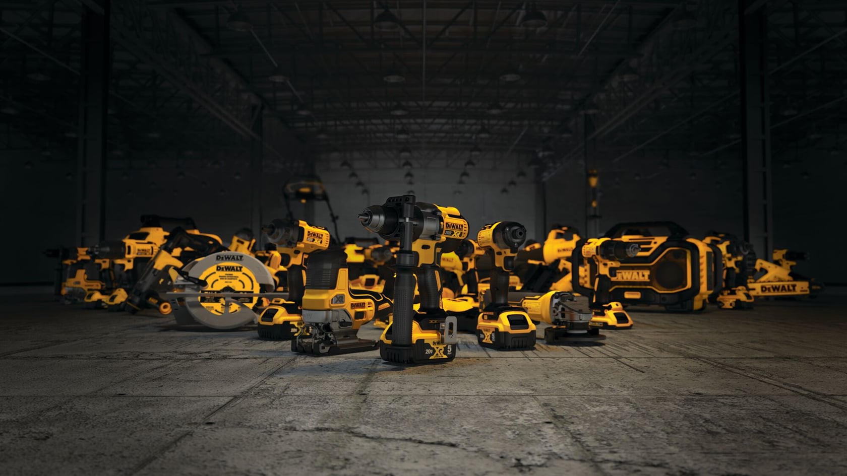 A group of yellow and black DEWALT 20V power tools displayed on a warehouse floor, including drills, saws, and other equipment.