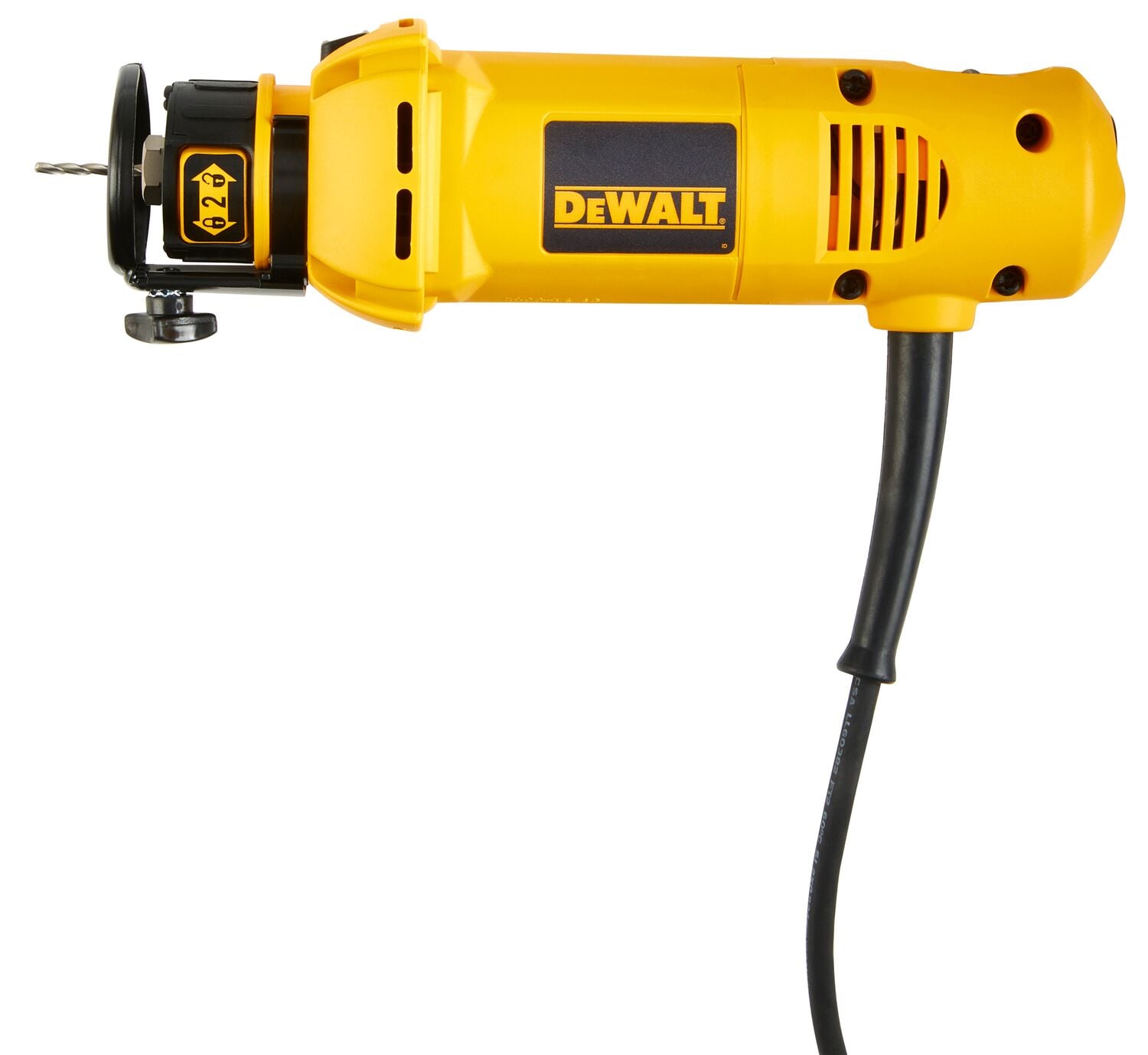 A yellow DEWALT electric rotary tool with a black cord and drill bit attachment, shown against a white background.