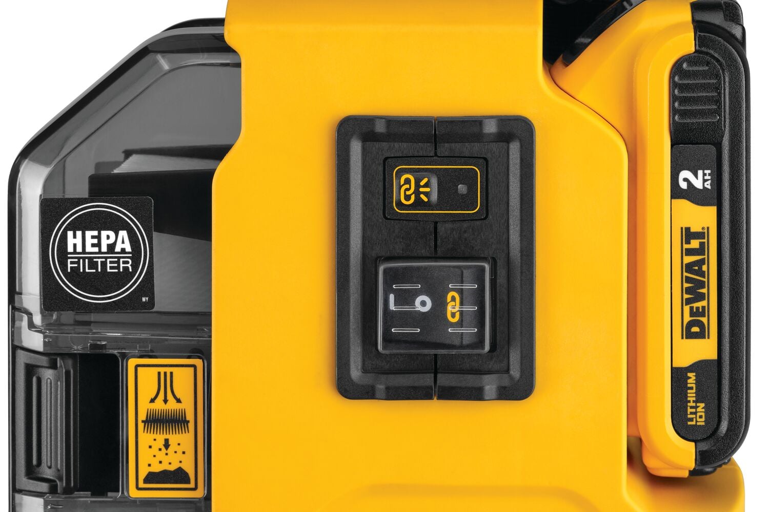 Close-up of a DEWALT portable device showing a HEPA filter label, control buttons, and a lithium-ion 2Ah battery pack with yellow and black casing.