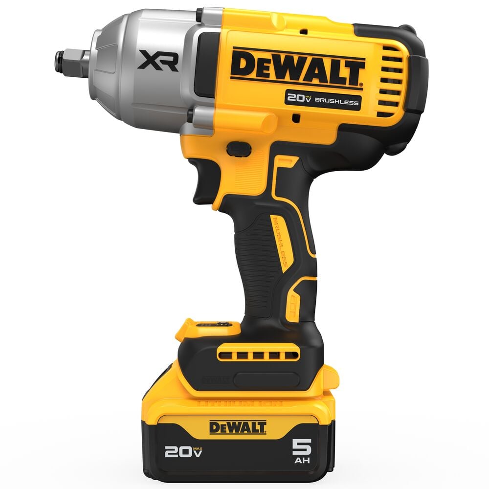 A DEWALT 20V brushless cordless impact wrench with a 5Ah battery, shown in yellow and black.