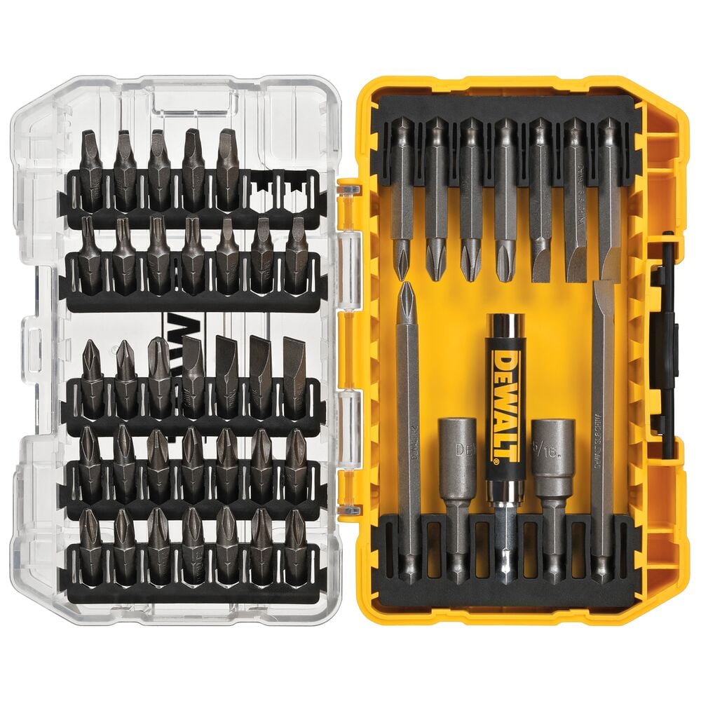 A DEWALT DW2166 screwdriver bit set in a yellow and clear plastic case. The set contains multiple types and sizes of screwdriver bits organized in rows, along with several longer bits and a bit holder marked with the DEWALT logo.