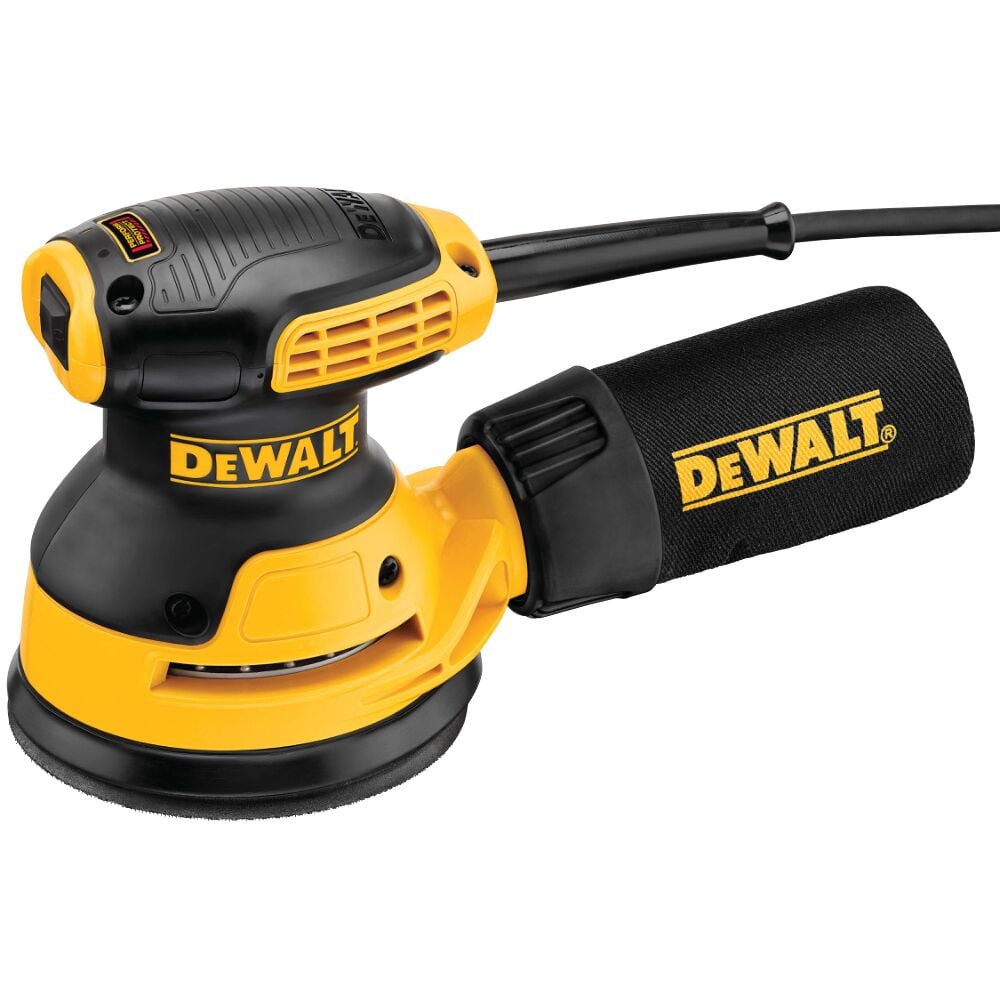 A DEWALT DWE6421 electric random orbital sander with a yellow and black design and a dust collection bag attached.