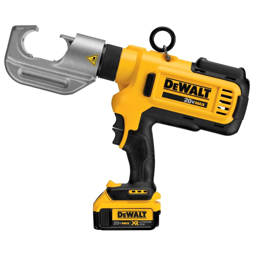 A yellow and black cordless hydraulic crimping tool by Dewalt, featuring a 20V MAX lithium-ion battery and a metal crimping head, typically used for electrical and industrial applications.