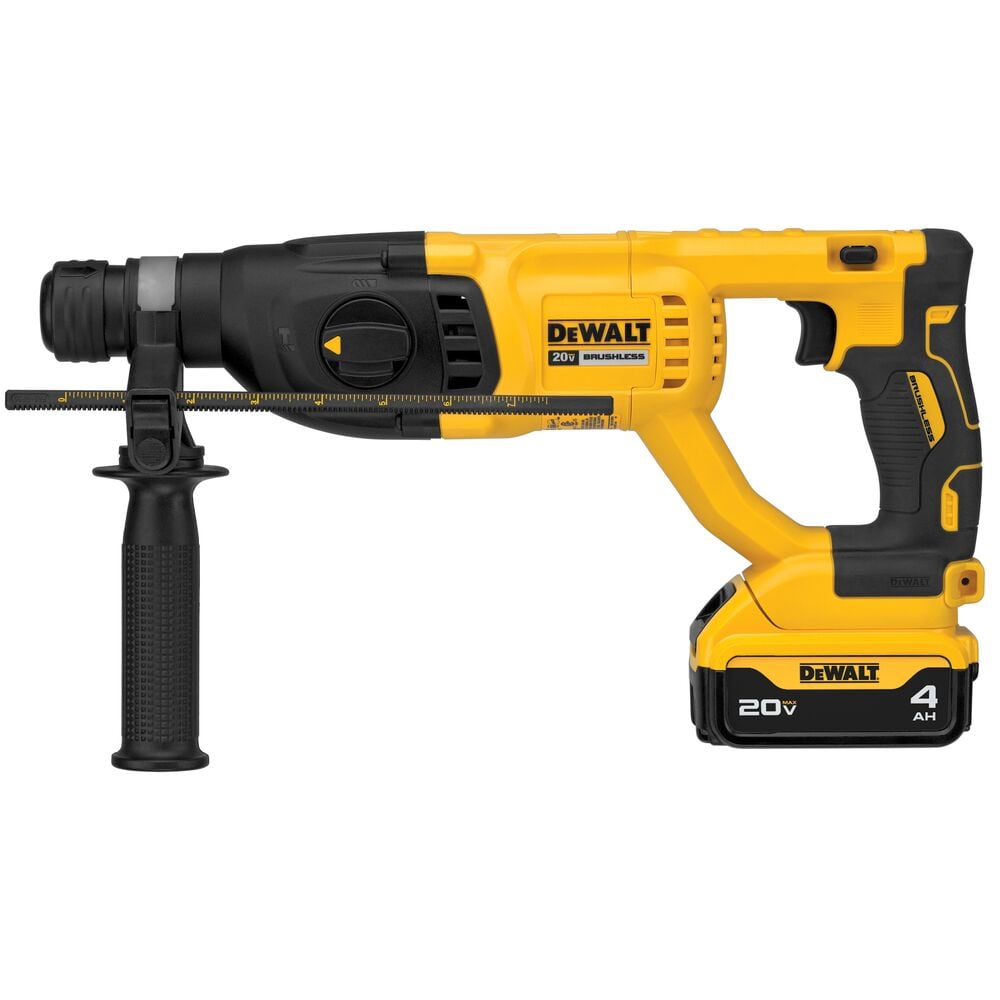 A yellow and black DEWALT 20V cordless rotary hammer drill with a side handle and 4Ah lithium-ion battery pack.