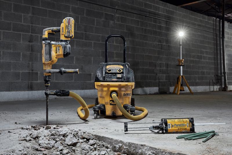 Dust X image with Hammer drill, dust extractor with storage rack, pure220 epoxy, light and cart