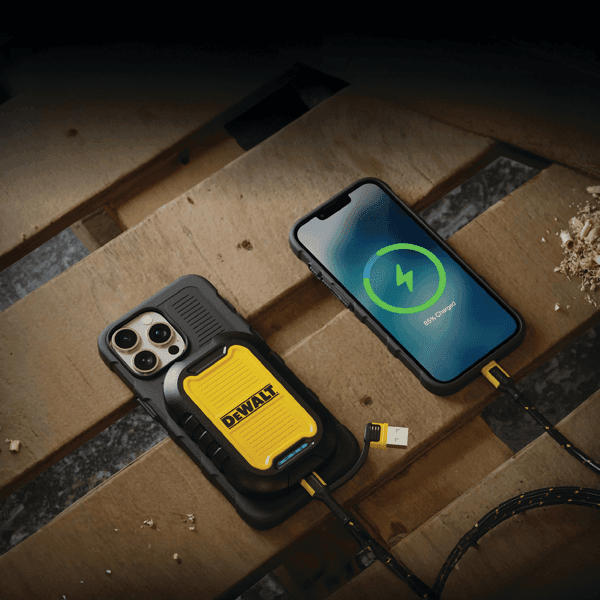 Powerbank providing portable wireless charging for a phone, highlighting its simultaneous charging ability to a second device via port.