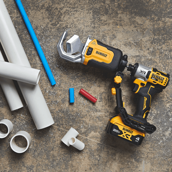Impact driver with DEWALT PVC PEX Cutter Attachment and tubing