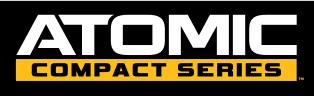 Logo for the ATOMIC COMPACT SERIES with white letters on a black background and 'COMPACT SERIES' written in yellow on a black bar below.