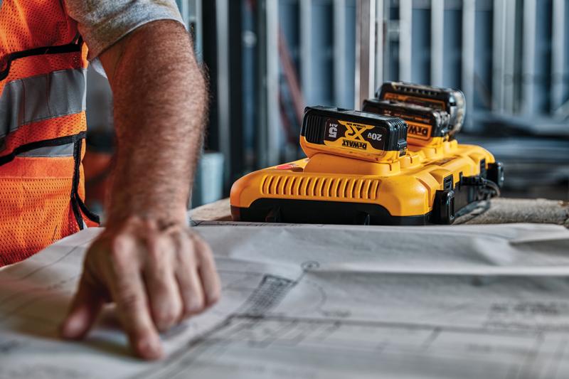 Environmental shot of DeWalt 20V Max Rapid Charger with DeWalt Lithium Ion 5.0Ah batteries