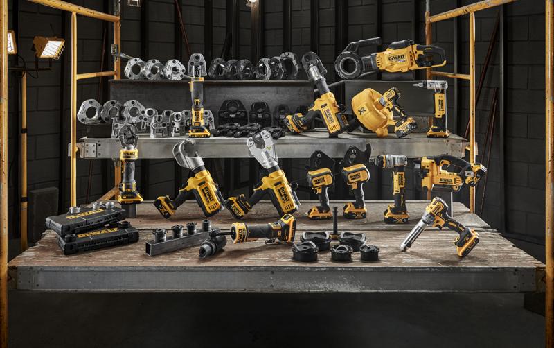 Rack set up with the family of DEWALT mechanical and plumbing tools and accessories. 