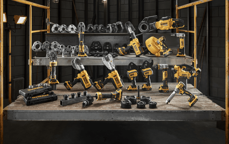 Rack set up with the family of DEWALT mechanical and plumbing tools and accessories. 