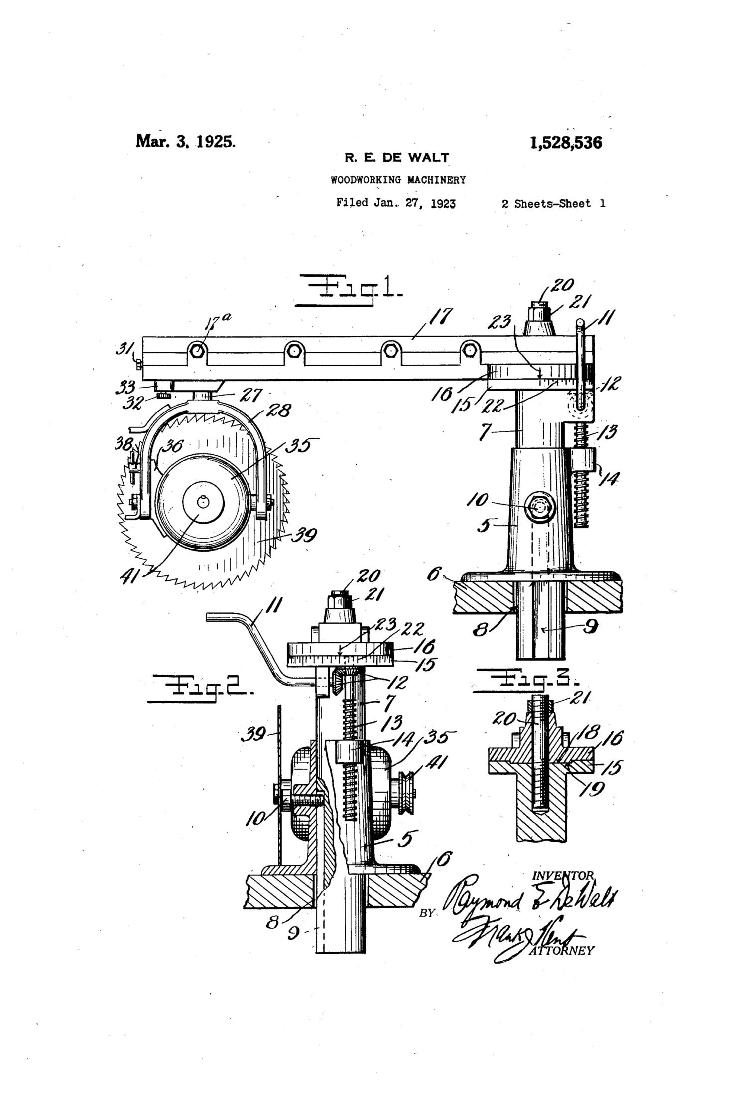 "Raymond DeWalt’s second patent (for woodworking machinery), Jan. 27, 1923	"
