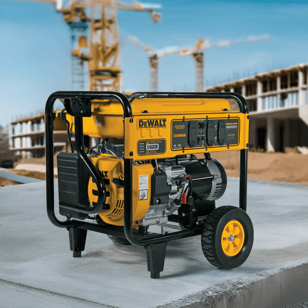 A portable yellow and black DeWALT generator with wheels, placed on a concrete slab at a construction site. The background shows cranes and partially constructed buildings.