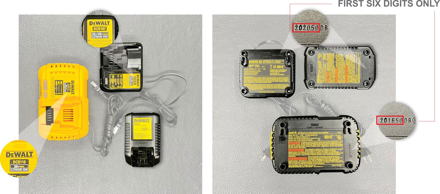 Graphic showing how to locate the model number and date code on chargers.