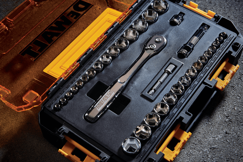 Overhead view of DEWALT 34 piece drive socket set.