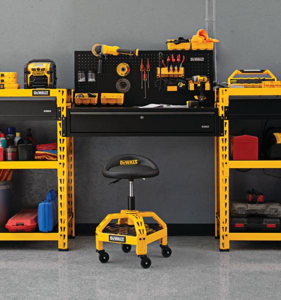 Adjustable Shop Stool with Casters in a work place with other tools on work stations.