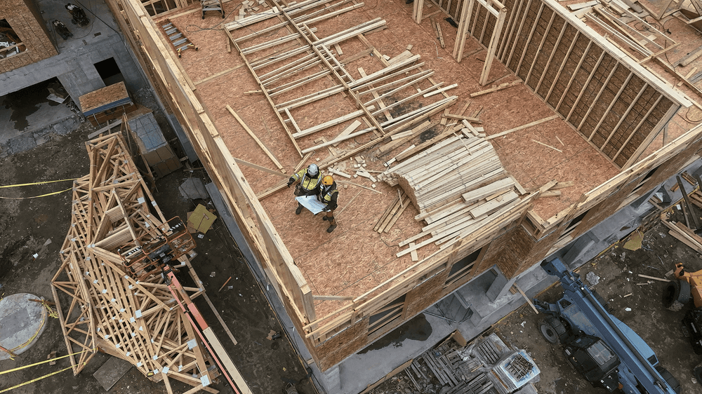 An aerial view of a framing jobsite