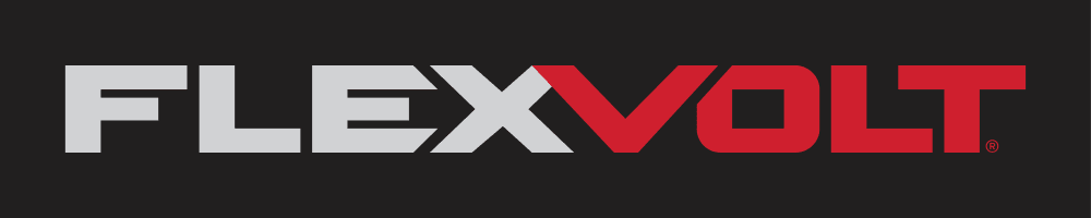 The image shows the FLEXVOLT logo with the word 'FLEX' in white and 'VOLT' in red, both displayed on a black rectangular background.