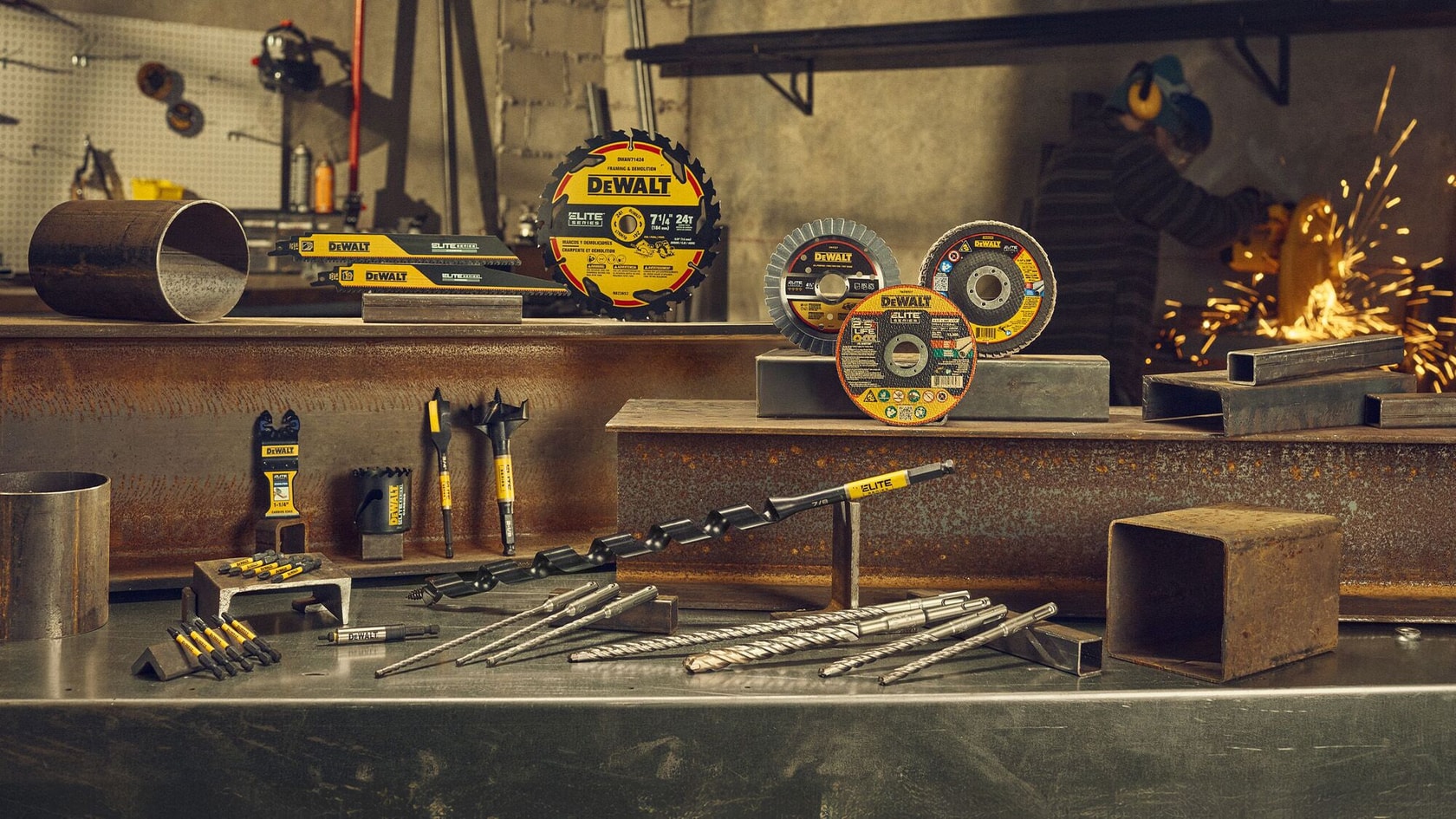 DEWALT ELITE SERIES Power Tool Accessories are shown on a workbench
