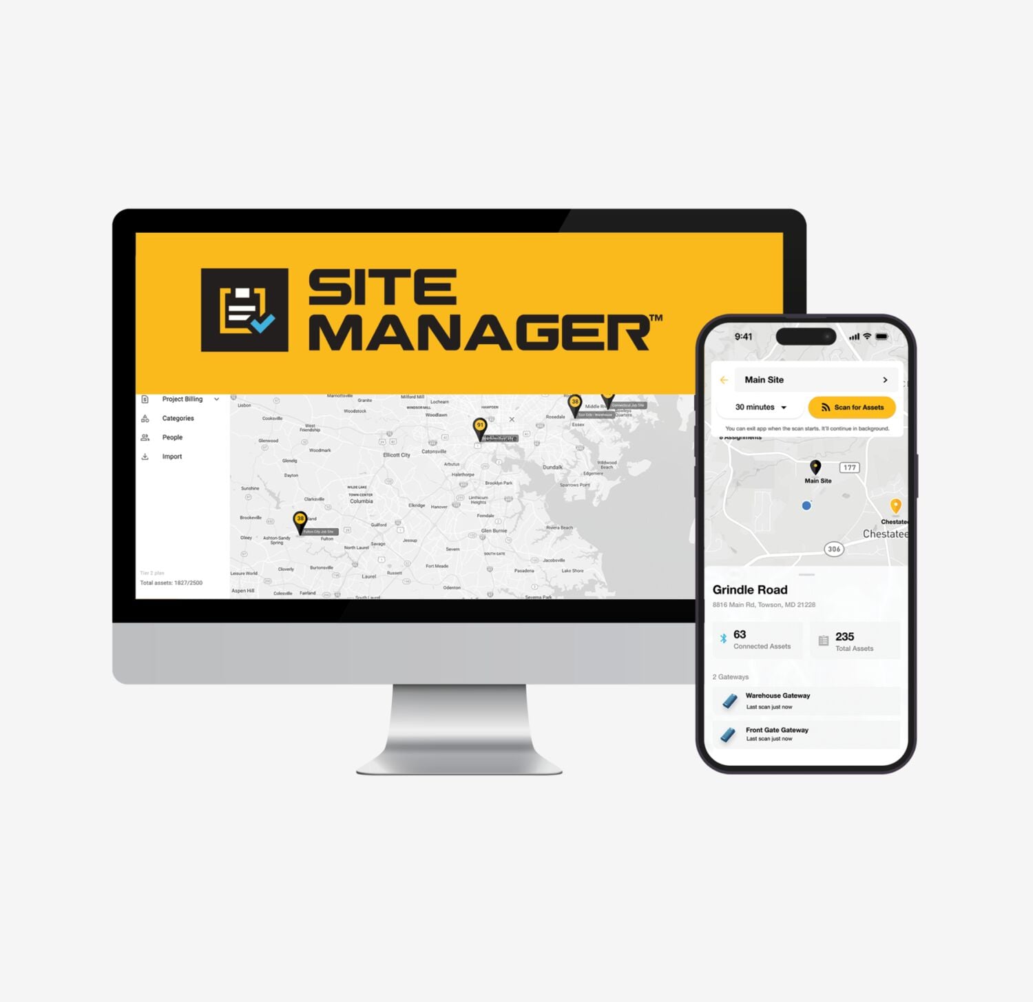 A computer monitor and a smartphone displaying the DEWALT Site Manager application. The monitor shows a map with marked locations and the Site Manager logo, while the smartphone shows a site details screen with map and asset information.
