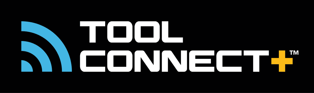 DEWALT Tool Connect Plus logo. The logo features a black rectangle with the words 'Tool Connect+' in white and yellow, accompanied by a blue wireless signal icon.