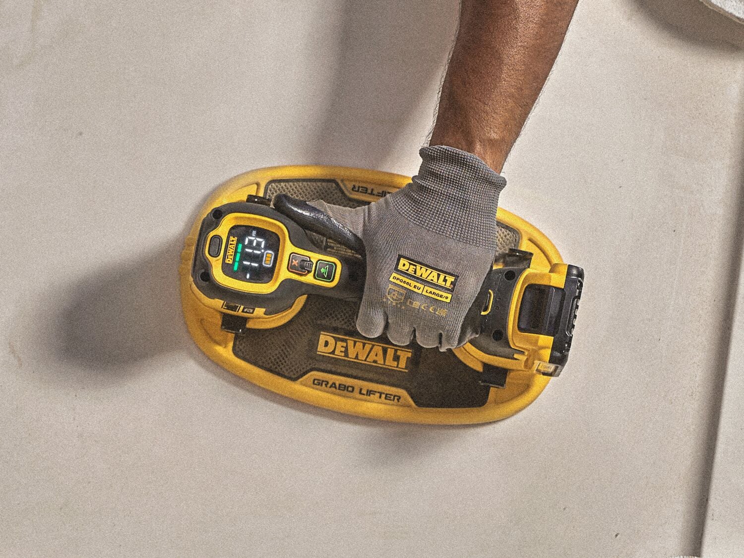 The DEWALT 20V MAX* GRABO LIFTER shown on black at a quarter turn