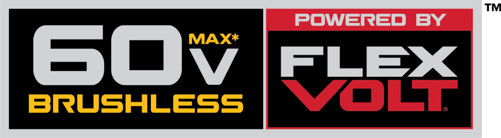 DEWALT product logo showing '60V MAX* Brushless' and 'Powered by FLEXVOLT' indicating compatibility with FLEXVOLT brushless tools.