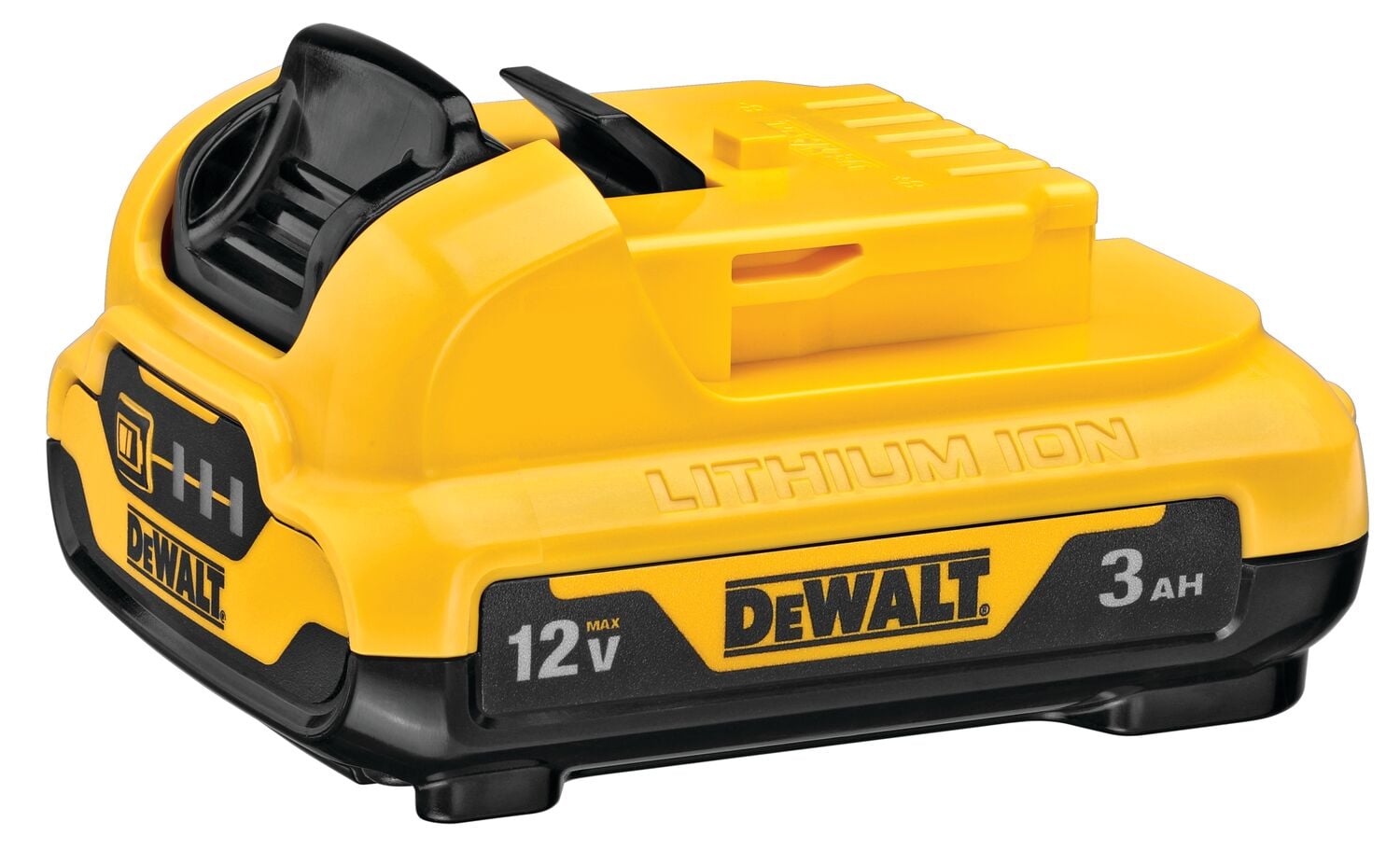 DEWALT 12V MAX 3Ah lithium-ion battery pack, yellow and black, model DCB124, designed for use with cordless power tools.