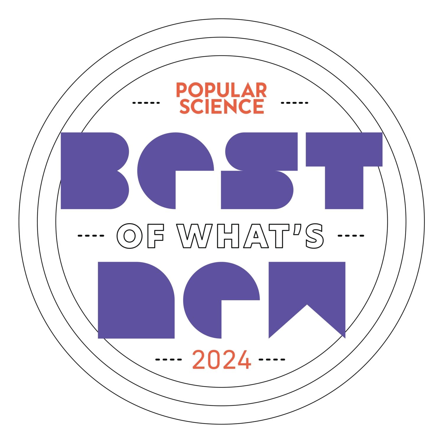 A circular badge with the words 'Popular Science' in orange at the top, 'Best of What's New' in bold purple and black text in the center, and '2024' in orange at the bottom.